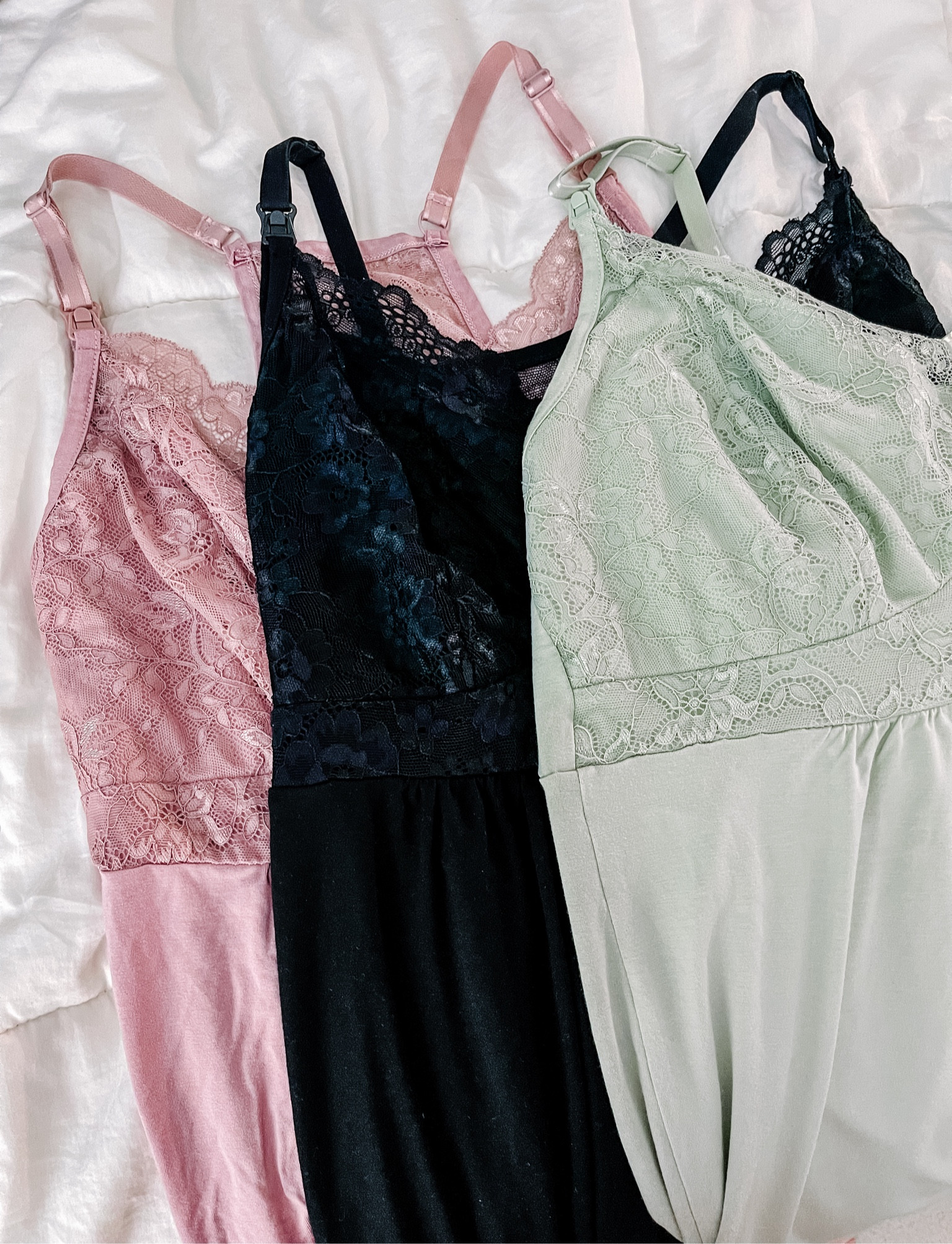 A maternity and nursing nightgown that is cute, flirty, and comfy. There are lacy accents and a flattering empire waist  

I have it in Vintage Pink, Black, and Pistachio. 

#LTKMostLoved

#LTKfindsunder50 #LTKbaby #LTKbump