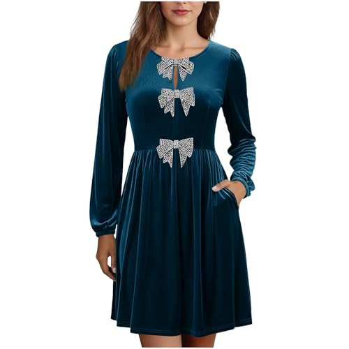 FOCLMP Velvet Dress for Women Holiday Cocktail Removeable Bow A-Line Mini Dresses Elegant Crewneck Long Sleece Wedding Outfit Christmas Dresses for Women Long Sleeve Cocktail Blue S | Amazon (US)