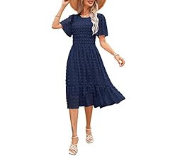 Women 2023 Summer Dress Round Neck Smocked Flutter Short Sleeve Swiss Dot Casual Midi Dress Swing... | Amazon (US)