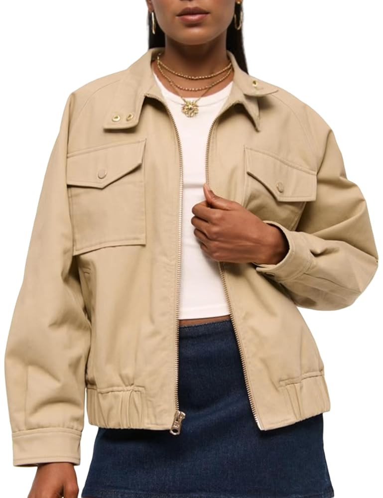 Twill Bomber Jacket Women Lapel Long Sleeve Collar Zipper Cotton Trendy Streetwear Outerwear Coat... | Amazon (US)
