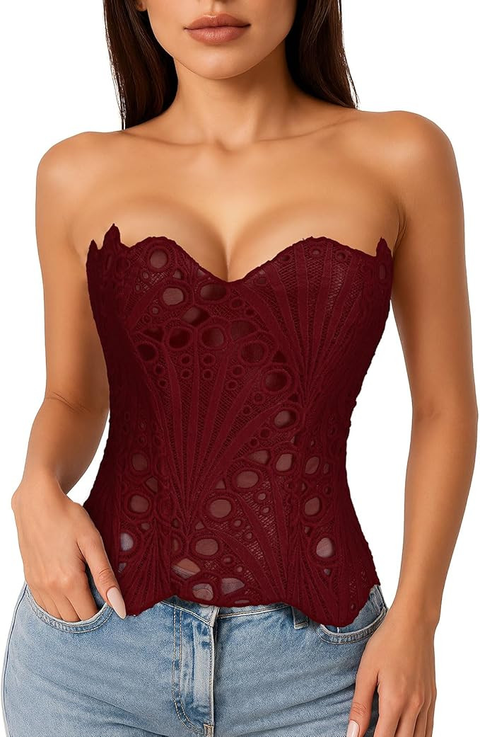 LEACOOLKEY Lacework Corset Top for Women Sexy Textured Sheer Floral Lace Bustier Going Out Lace-u... | Amazon (US)