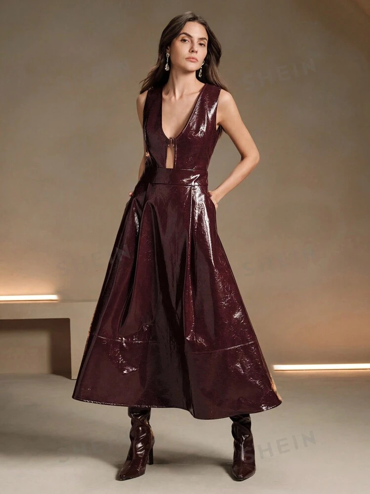 Anewsta Women's Long V-Neck Red Dress | SHEIN