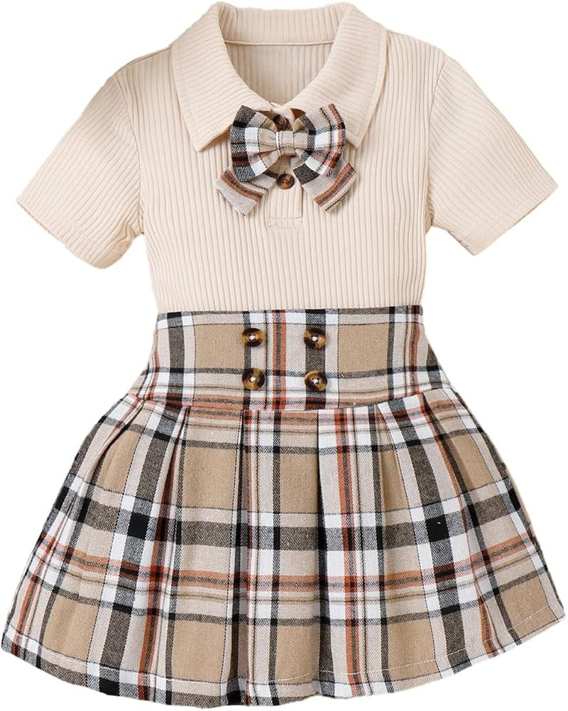 WDIRARA Toddler Girl's 2 Piece Outfit Bow Front Short Sleeve Tee and Plaid Pleated Aline Skirt Se... | Amazon (US)