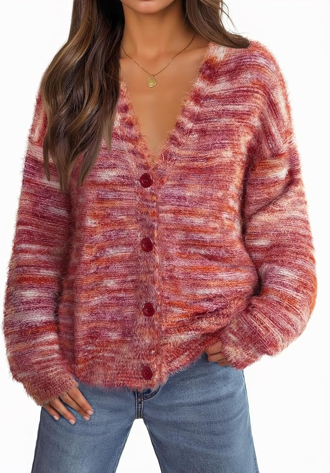 MEROKEETY Women's Fall Fuzzy Colorful Knit Cardigan Sweaters Winter Button Down Boho Casual Long ... | Amazon (US)
