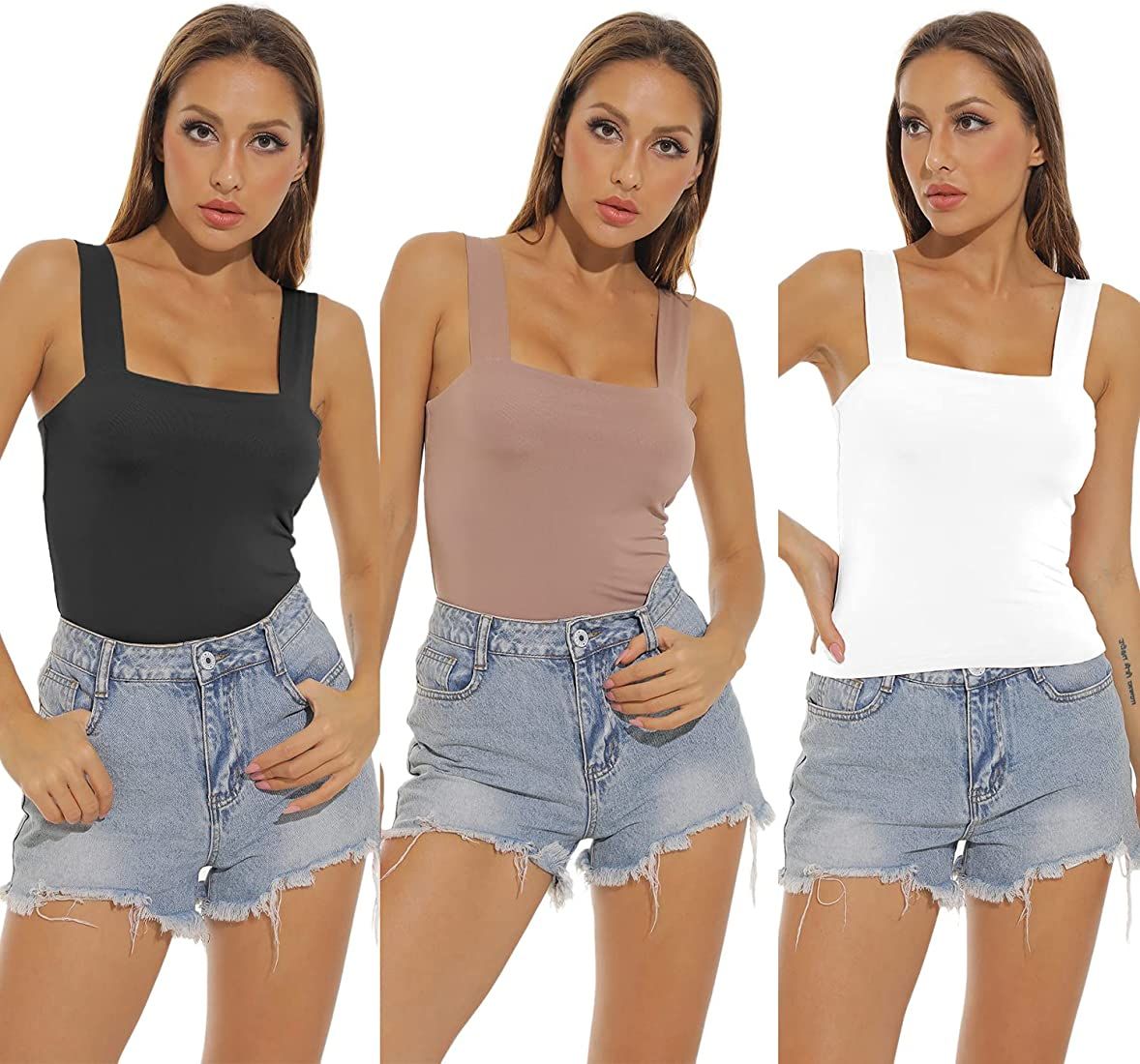 Amilia Women's Basic Solid Casual Wide Strap Tank Tops Double Layer Cami Crop Summer Shirts | Amazon (US)