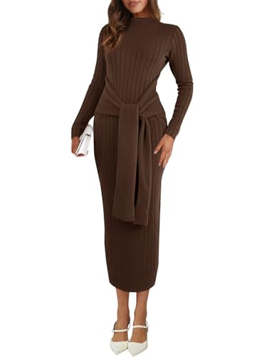Saodimallsu Womens Long Sleeve Midi Sweater Dress Bodycon Mock Neck Ribbed Knit Tie Waist Fall Lo... | Amazon (US)