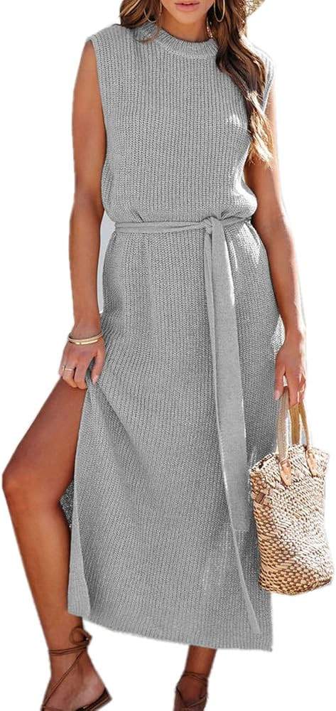Asskdan Womens Elegant Solid A-Line Sleeveless Slit Midi Sweater Knit Dress with Belt | Amazon (US)