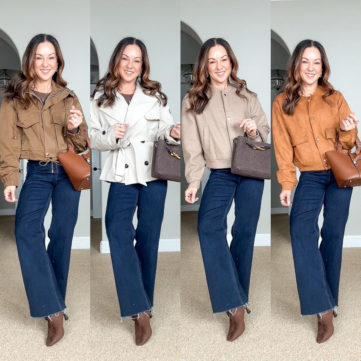 Cropped Trench coat S , bomber jacket S, and cropped faux suede   Jacket XS and wool blend jacket S. Jeans XS, ankle suede brown booties TTS, Long sleeve slim fit tee XS, cute look for less bags

#LTKSeasonal #LTKPetite #LTKootd
