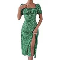 Women s Boho Short Puff Sleeve Floral Dress Slit A Line Flare Midi Dresses(Green Floral) | Walmart (US)