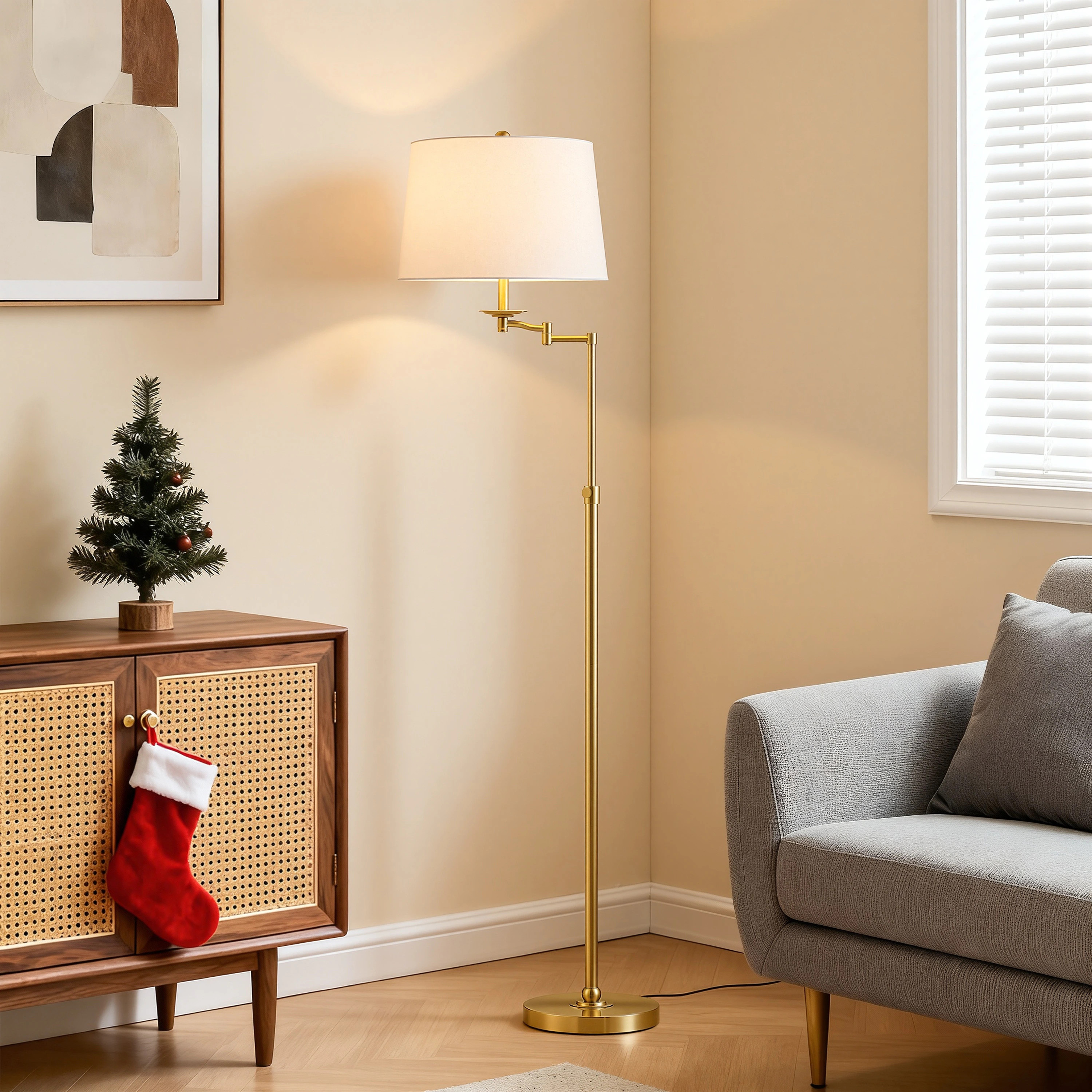 KAWOTI 64.5-in Gold Swing-arm Floor Lamp with Linen Shade | 21317 | Lowe's