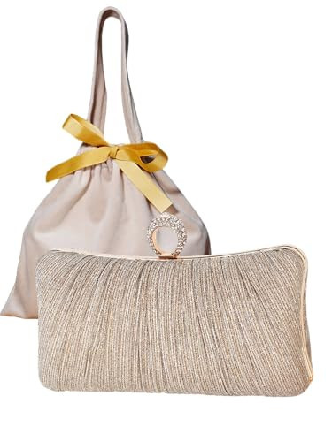 Womens Gold Gift Bag Glitter Clutch Purse Pleated Evening Bag for Bridal Wedding Party with Rhinestone Ring | Amazon (US)