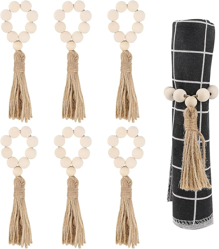 Boho Napkin Rings, 6 Pcs Nature Wood Bead Napkin Holders with Jute Rope Tassels Handmade Napkin B... | Amazon (US)