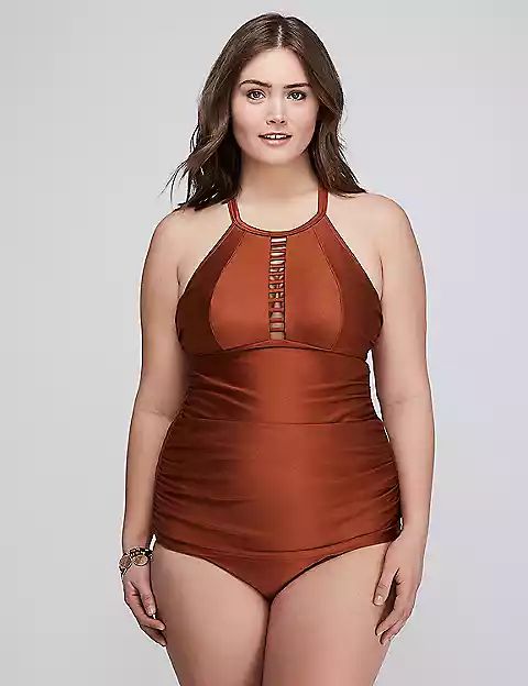 Shimmer Strappy High-Neck Swim Tank with Built-In No-Wire Bra | Lane Bryant (US)