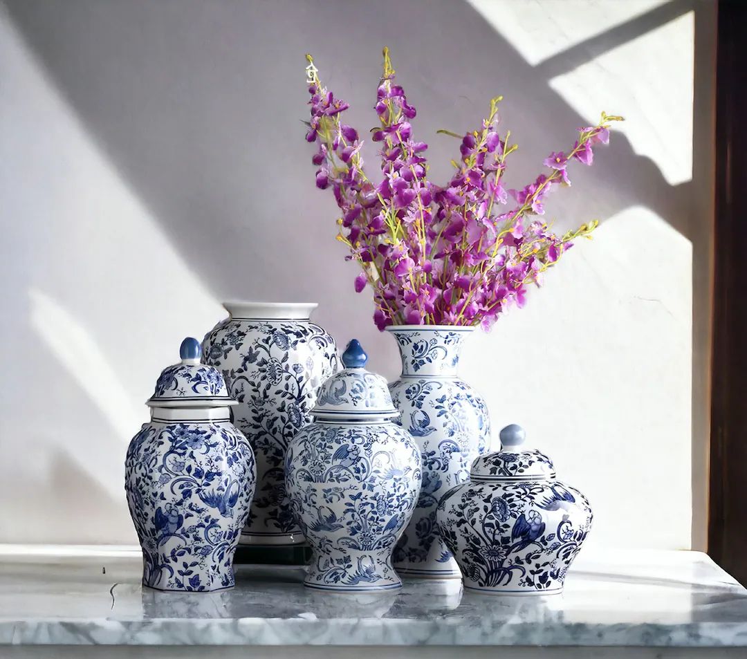 Hamptons Style Set of 5 Vase, Blue and White Porcelain, Blue and White Vase, Ginger Jar, Antique ... | Etsy (US)