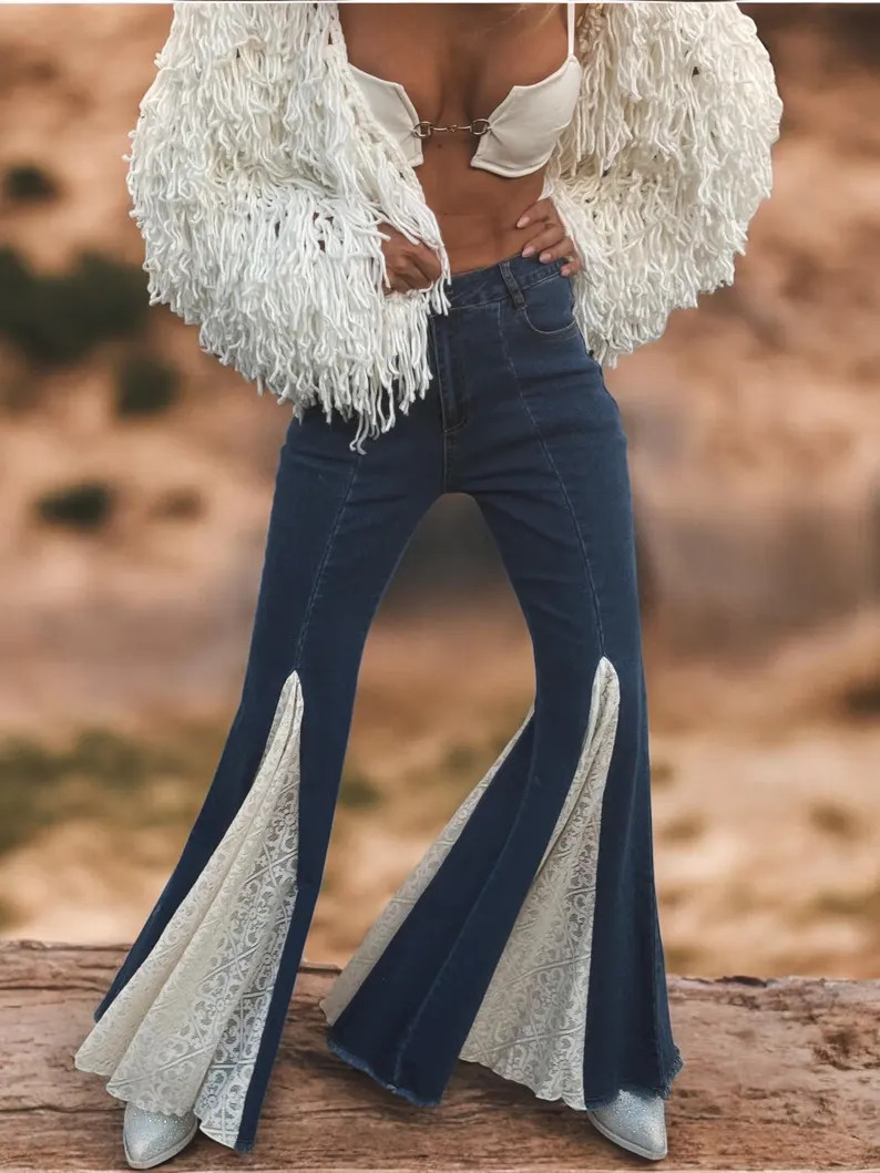 Western Boho Flare Jeans, Cowgirl Bell Bottoms, Lace Bell Bottom Jeans, Cowboy Festival Pants, We... | Etsy (Global)