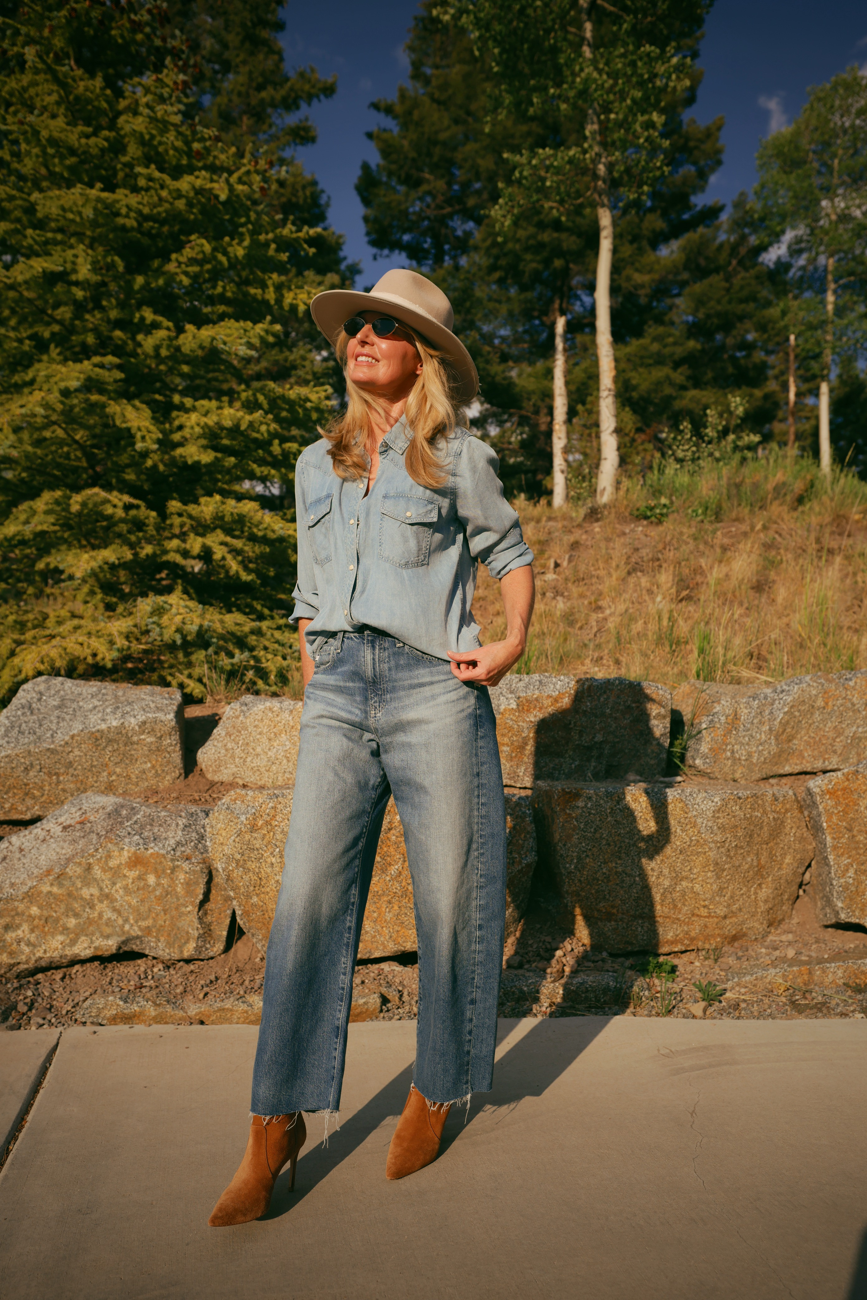 Same outfit, different energy. That's what a hat and a laugh will do!

Proof this look has range. Add the hat, tilt your chin up, and suddenly the same chambray-and-denim combo feels like a whole vacation mood. This is why I keep this outfit on repeat, it flexes with whatever the day calls for.

#LTKootd #LTKOver40 #LTKSaleAlert