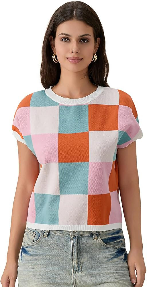 Women Checkered Ribbed Knit Tops Short Sleeve Round Neck T-Shirts Contrast Color Casual Y2K Cropp... | Amazon (US)