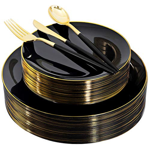 150pcs Black Plastic Plates, Black and Gold Plastic Plates,Gold Plastic Silverware,Black and Gold... | Amazon (US)