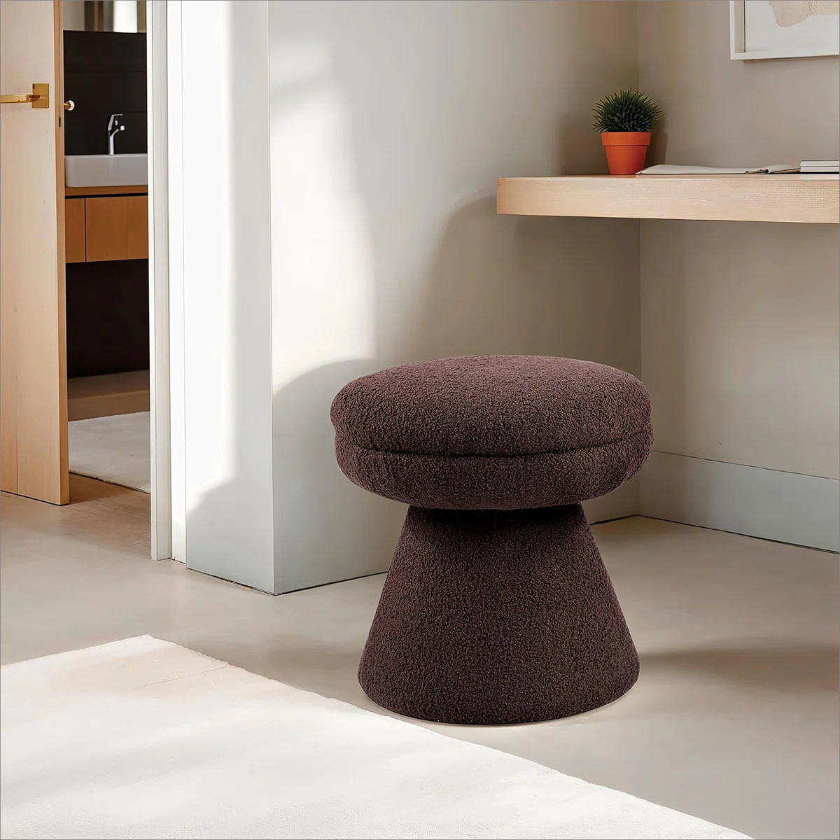 Brown Finish 1Pc Round Top Accent Stool Teddy Fabric Pedestal Base Mushroom Shape Design Contempo... | Wayfair North America