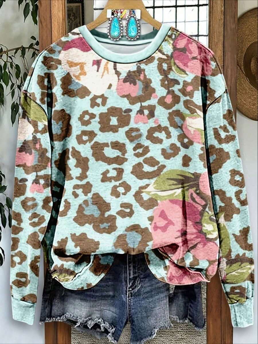 Women's Vintage Western Cowboy Sweatshirt - Non-Stretch Crewneck Pullover Sweater In Brown/Teal/ ... | SHEIN