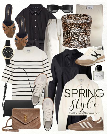 Shop these Nordstrom spring outfit finds! Shirt dress, leopard bustier tube top, Vince oasis sneakers, Veronica Beard Valentina sneakers, Saint Laurent Toy Lou Lou suede bag, cropped jacket, shoulder bag, Wide leg jeans, striped sweater, cargo midi skirt, Adidas samba and more! 