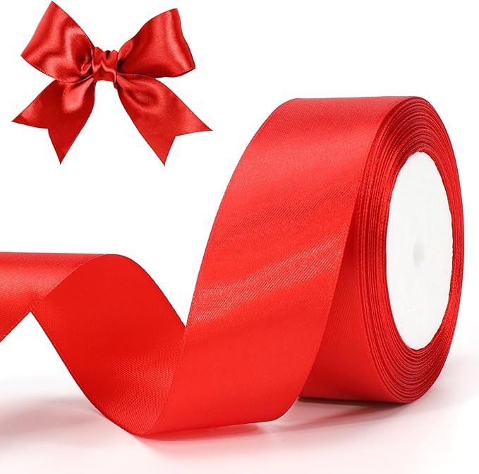 FirstKitchen 1-1/2 Inch Red Satin Ribbon, 25 Yards Thick Solid Fabric Ribbons, Red Satin Ribbon f... | Amazon (US)