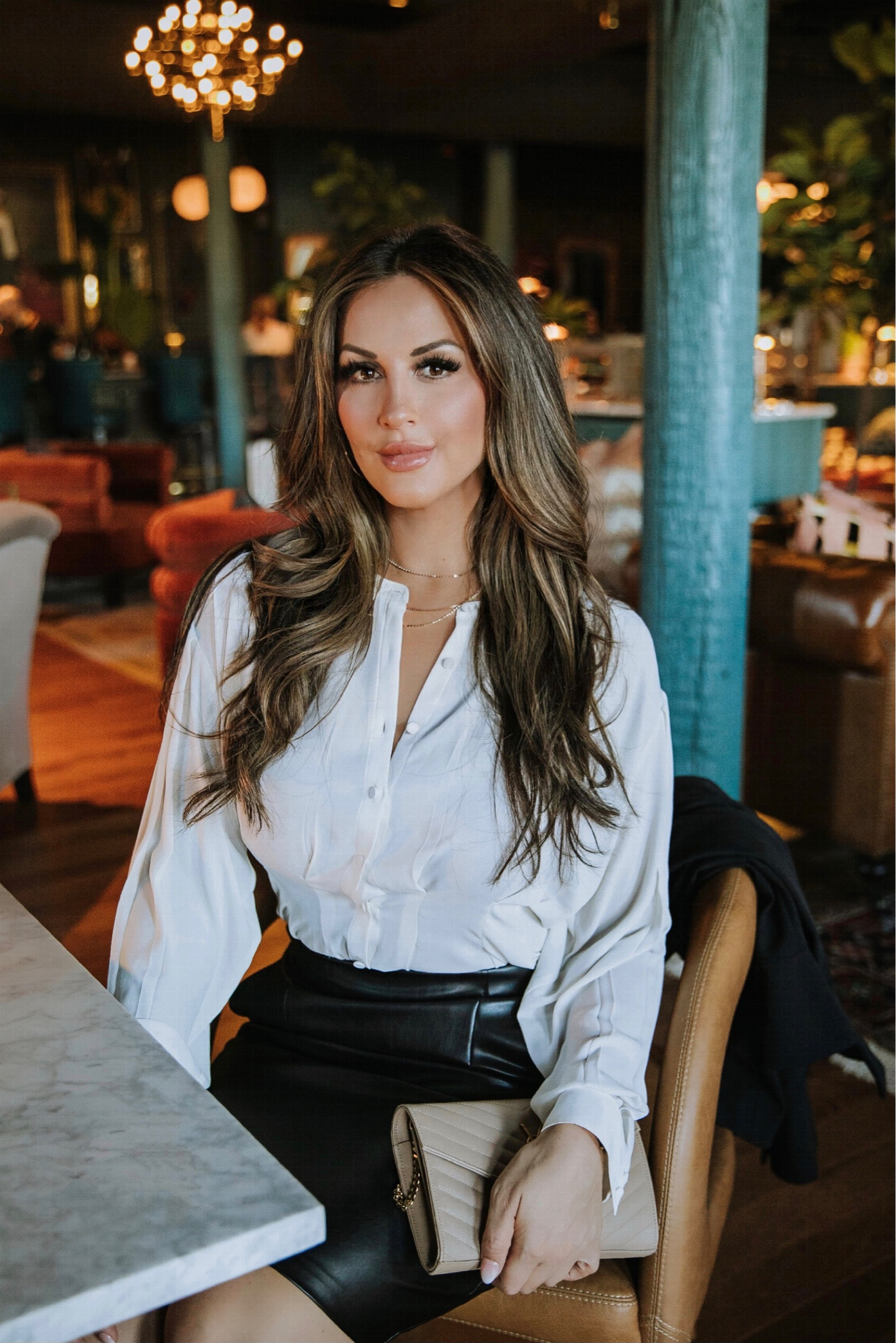 Black faux leather skirt, white blouse, black blazer, beige YSL wallet on chain and Christian Louboutin heels make for the perfect real estate workwear outfit and drinks after work!

#LTKshoecrush #LTKworkwear #LTKstyletip