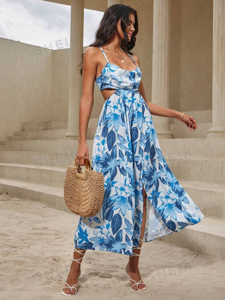 SHEIN VCAY Floral Print Cut Out Waist Split Thigh Cami Dress | SHEIN