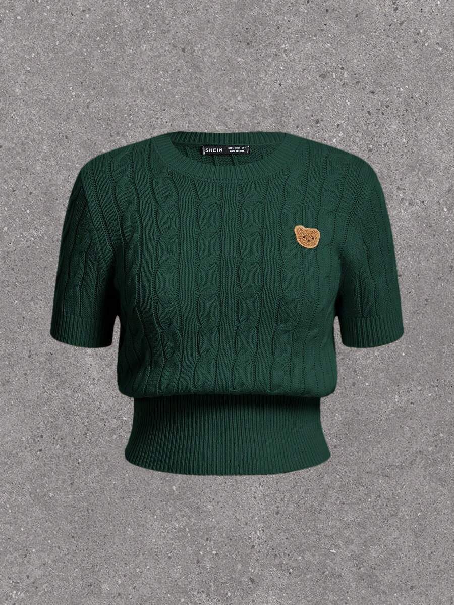 SHEIN EZwear Plus Size Women's Cute Bear Icon Textured Knit Short Sleeve Fitted Sweater Top In Wa... | SHEIN