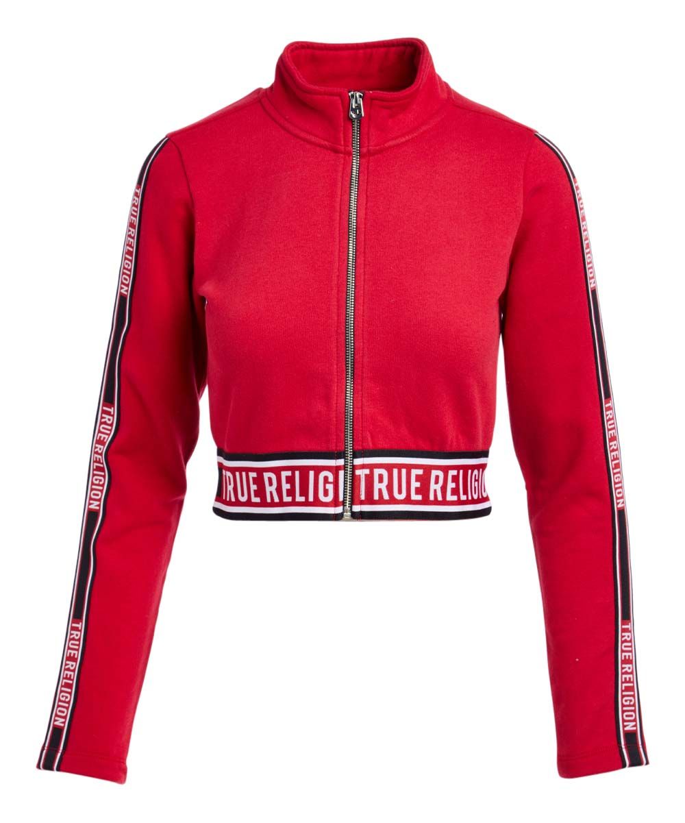 True Religion Women's Sweatshirts and Hoodies RUBY - Ruby Red Banded Mock-Neck Crop Zip-Up Hoodie | Zulily