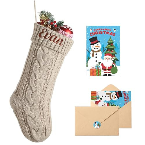 Loosusu Personalized Christmas Stockings with Christmas Cards,Custom Embroidered Name Monogram Christmas Stocking for Baby Kids Girl Family,18" Large Cream Knit Xmas Stockings for Fireplace Decor | Amazon (US)
