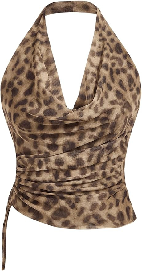 SHENHE Women's Tie Dye Halter Neck Draped Front Ruched Drawstring Backless Crop Top | Amazon (US)