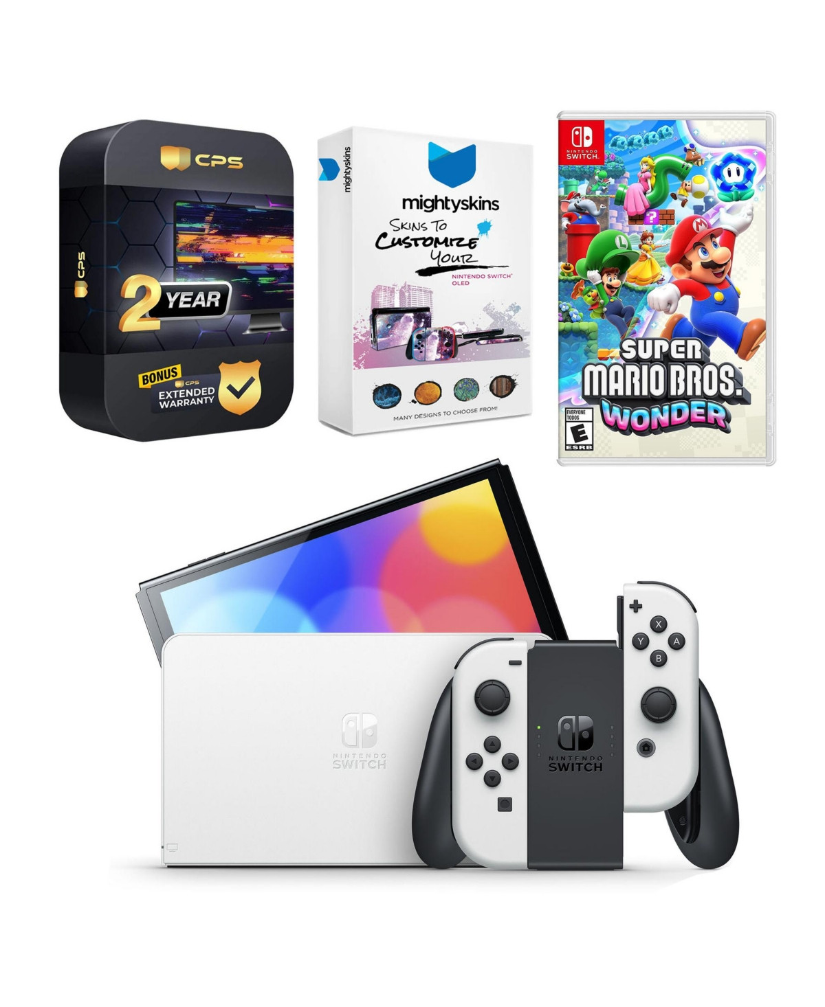 Nintendo Switch White Oled Console with Super Mario Bros. Wonder, MightySkins Console and Controller Skin Voucher, and 2 Year Cps Extended Warranty - | Macy's