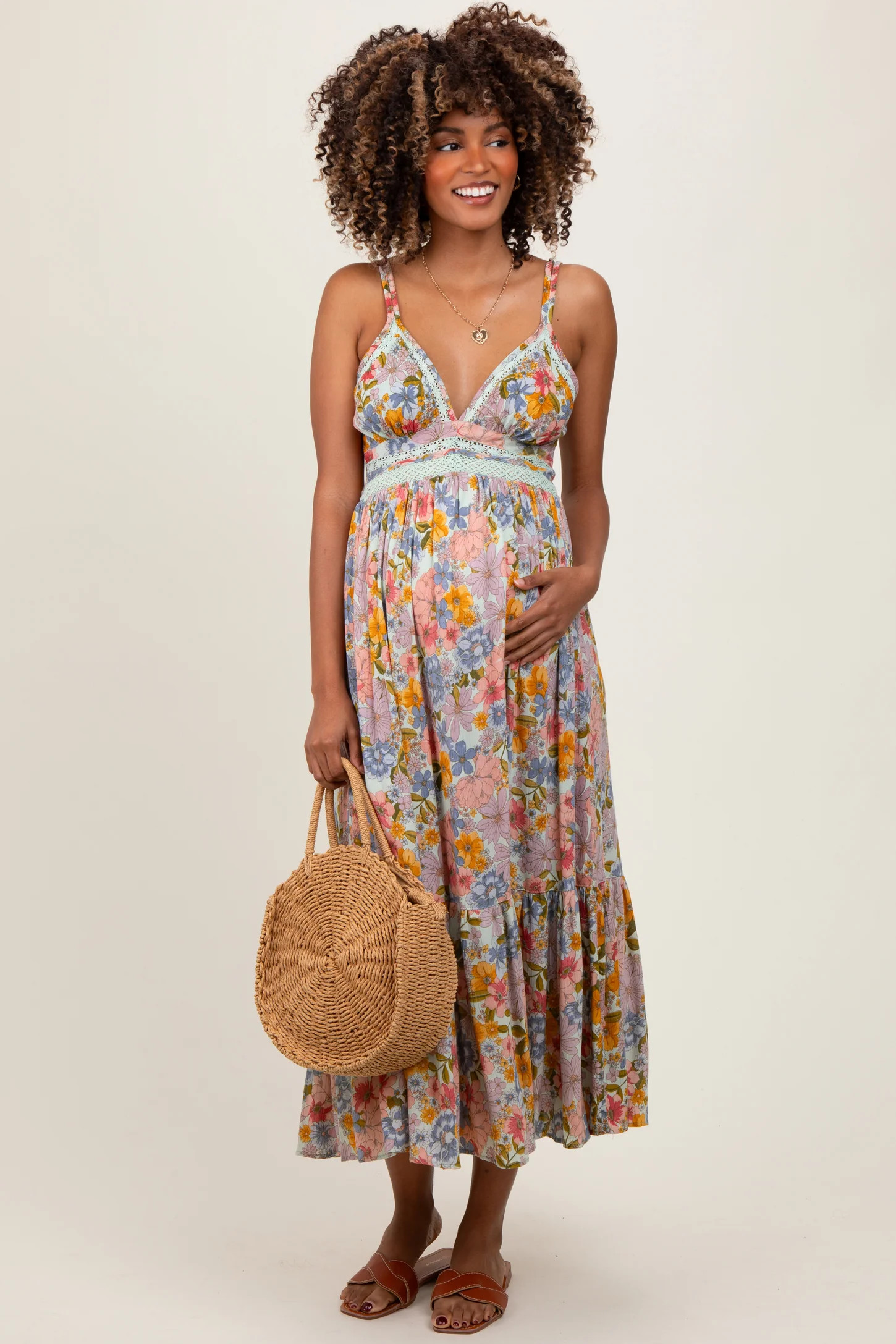 Muticolor Floral Double Strap Lace Trim Maternity Midi Dress | PinkBlush Maternity