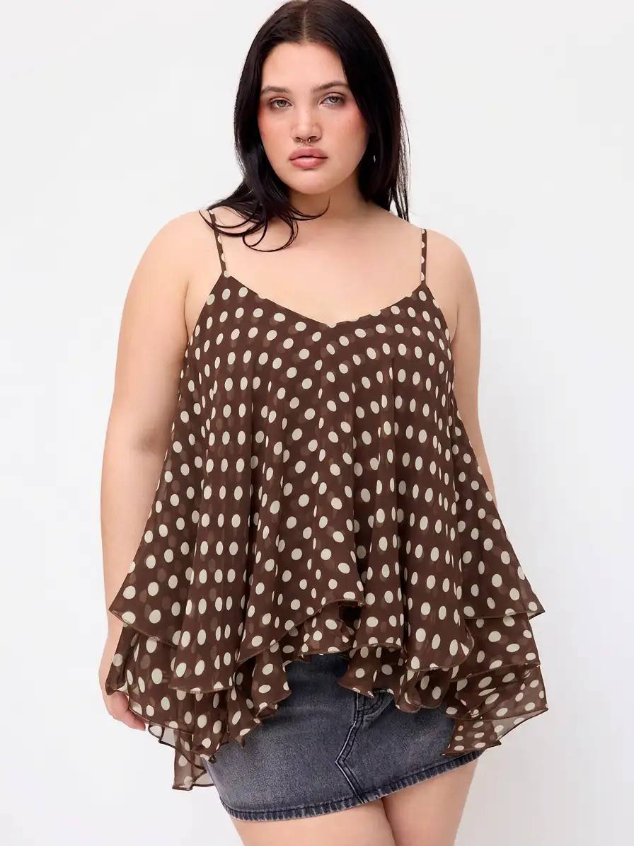 Chiffon Ruffle Hem Knotted Layered Mesh Cami Top Curve & Plus | Cider