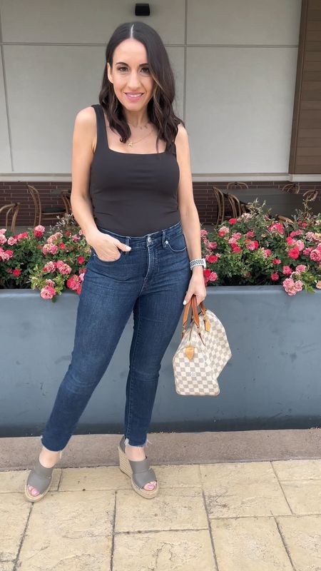 Amazon bodysuit. Runs tts and comes in a wide range of colors. 
Jeans are from Good American Brand. I love the fit and quick. Fun tts. 
#ltkpetite 

#LTKfindsunder50 #LTKMostLoved #LTKfindsunder100
