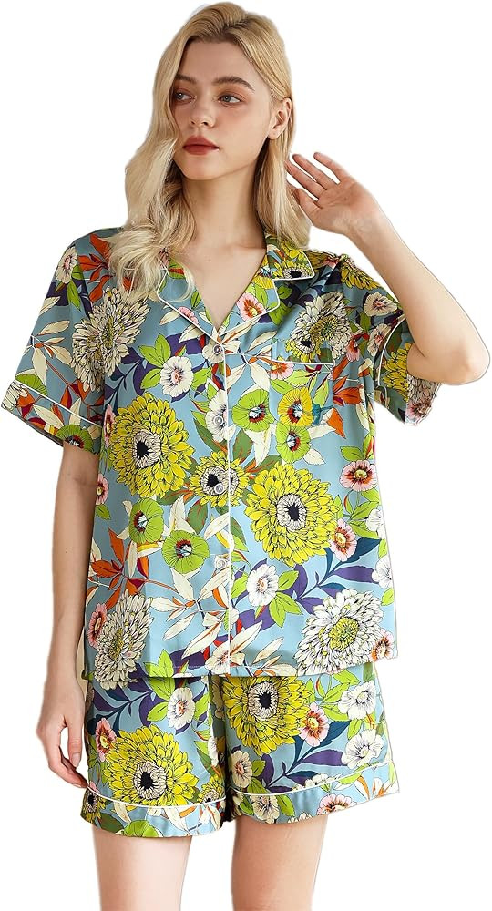 YiNi LuLu Womens Silk Satin Shorts Pajamas Set Button Down 2 Piece Pjs Short Sleeve Oversized Sle... | Amazon (US)