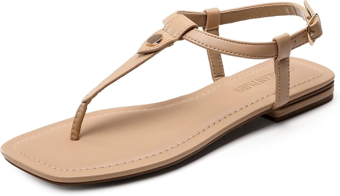 DREAM PAIRS Women's T-Strap Thong Flat Sandals with Cute Square Toe Strappy for Summer | Amazon (US)