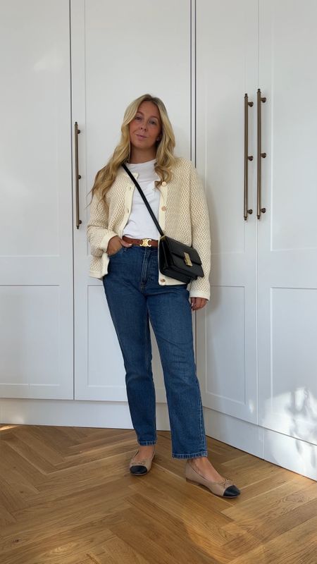 Casual everyday outfit. Cardigan, white t shirt, mom jeans, ballet flats and celine belt 

#LTKeurope #LTKshoecrush #LTKitbag