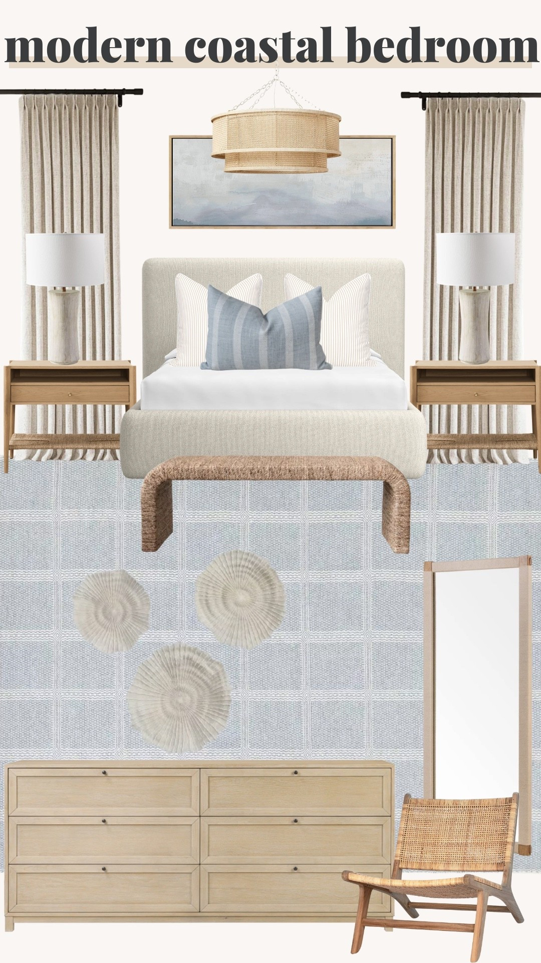 modern coastal bedroom, coastal primary bedroom, light and airy bedroom, neutral coastal decor, organic modern bedroom, linen bedding neutral, white oak nightstands, woven bench bedroom, rattan pendant light, oversized coastal art, abstract ocean wall art, textured throw pillows, layered neutral bedding, blue and white bedroom accents, sand tone color palette, jute rug bedroom, ceramic table lamps, slipcovered headboard, coastal dresser styling, airy curtains bedroom, Serena and Lily inspired bedroom, beach house bedroom decor, relaxed luxury bedroom, timeless coastal style

#LTKHome #LTKTravel #LTKU