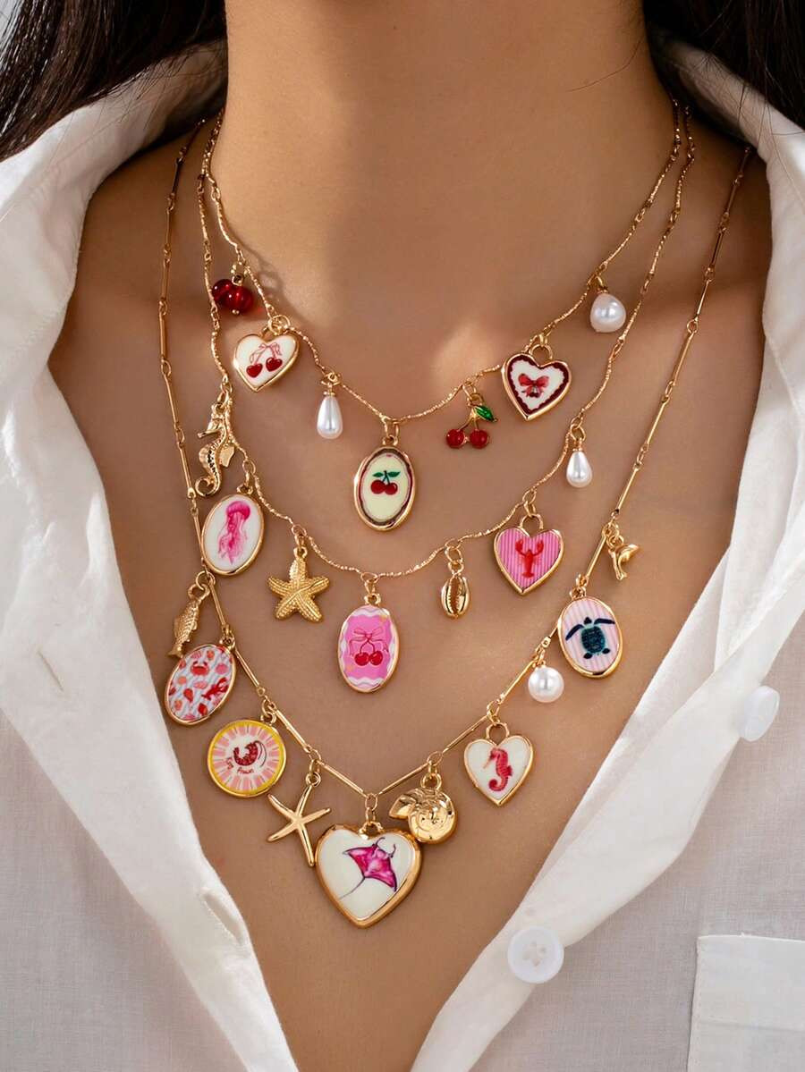 1 Pc Summer Coastal Charm Necklace For Women, Gold Plated Chain With Beach Charms, Boho Bohemian ... | SHEIN
