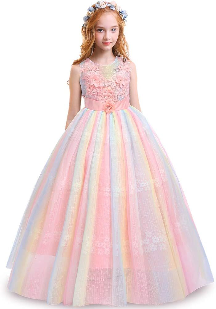 Girls Flower Vintage Lace Princess Long Dress for Kids Tulle Pageant Formal Party Wedding Floor D... | Amazon (US)