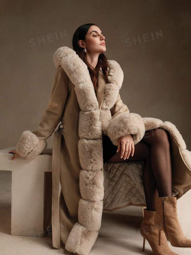 Anewsta Oversized Fuzzy Collar Long Coat With Belt | SHEIN