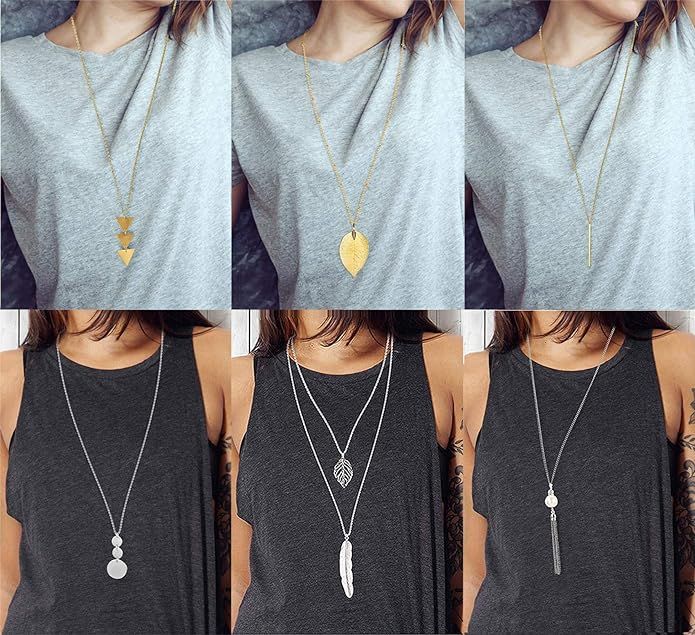 FUNEIA 6 PCS Long Pendant Necklace for Women Simple Bar Layer Three Triangle Tassel Y Charm Neckl... | Amazon (US)