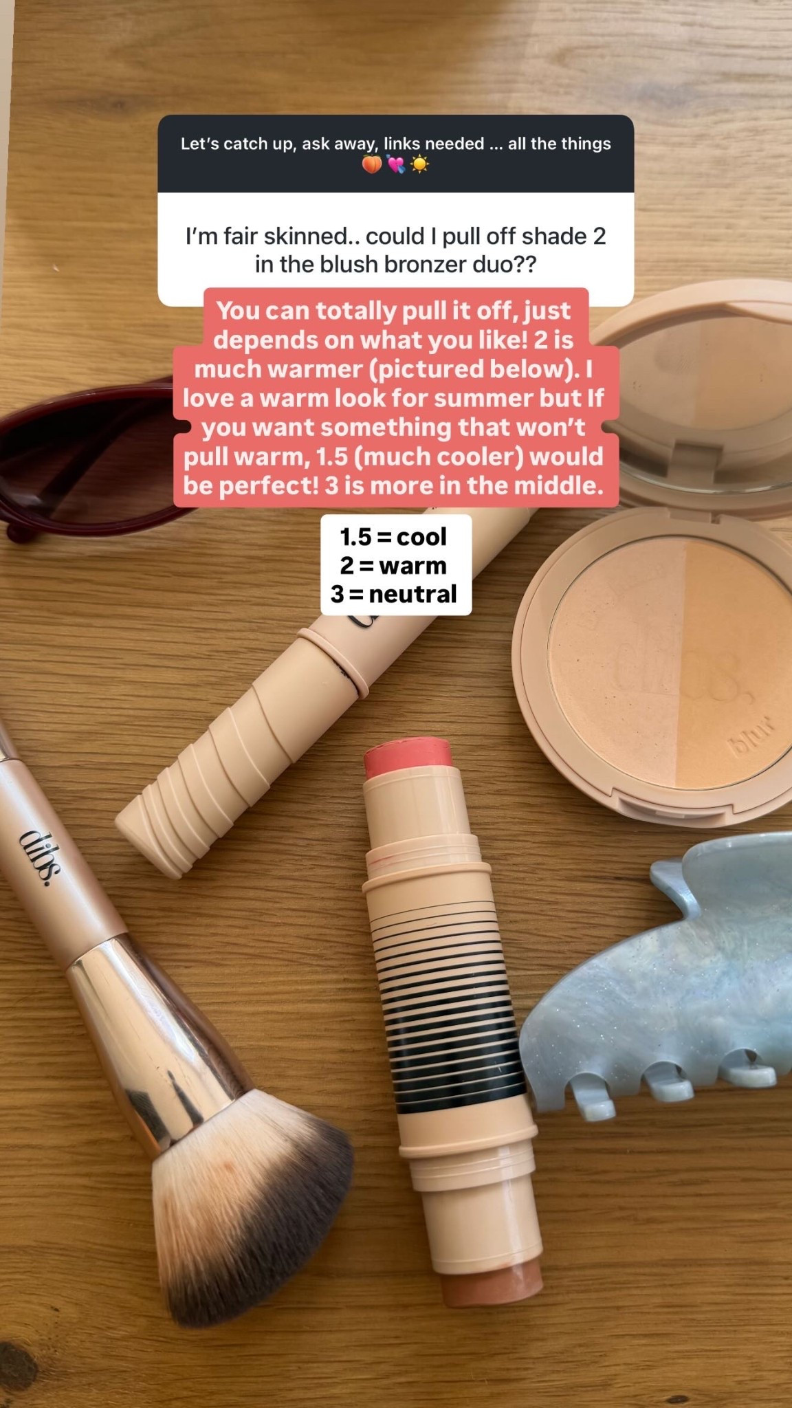 1.5 = cool 
2 = warm 
3 = neutral  You can totally pull it off, just depends on what you like! 2 is much warmer (pictured below). I love a warm look for summer but If you want something that won’t pull warm, 1.5 (much cooler) would be perfect! 3 is more in the middle.