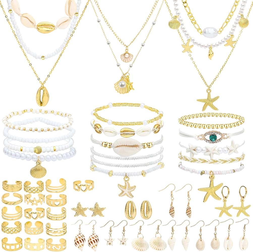 NEWITIN 49 Pieces Gold Jewelry Set for Women Boho Beach Jewelry Set Summer Ocean Seashell Starfis... | Amazon (US)