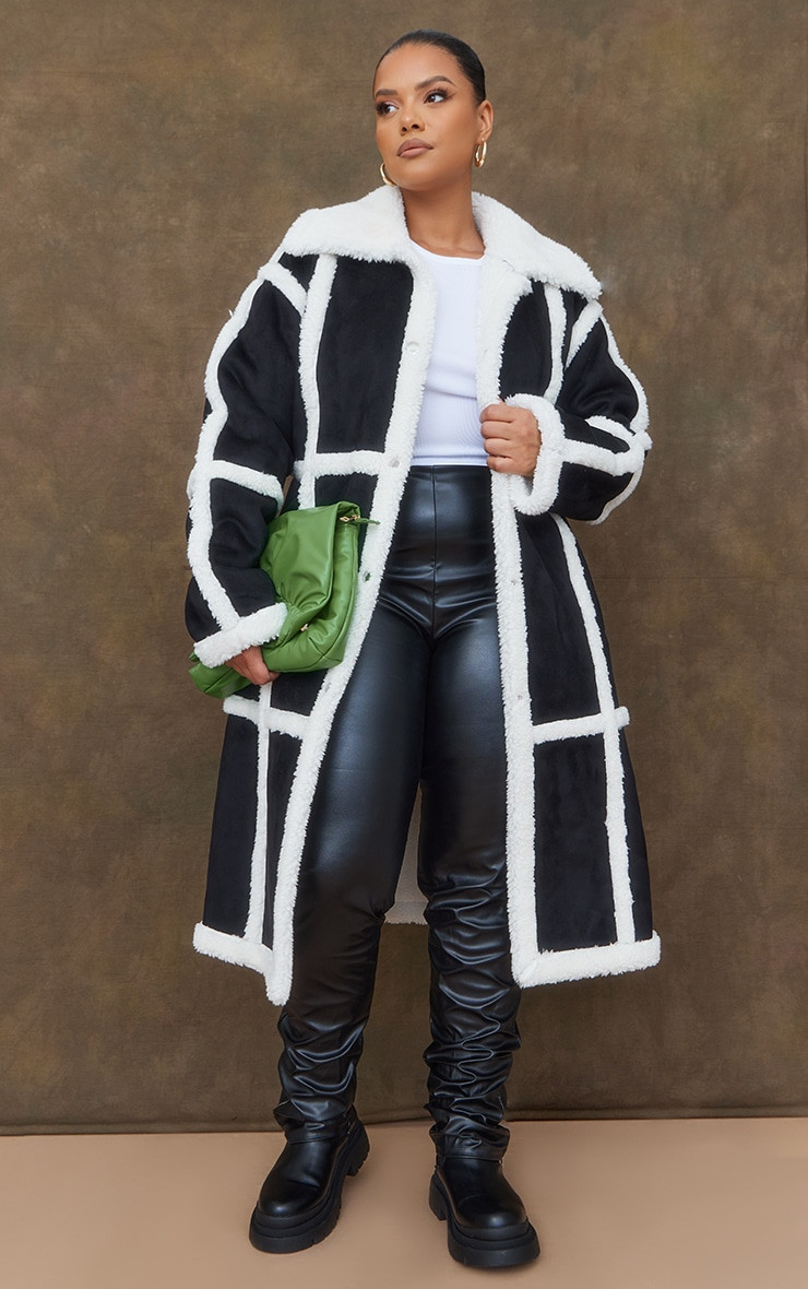 Plus Black Faux Suede Square Borg Panelled Coat | PrettyLittleThing US