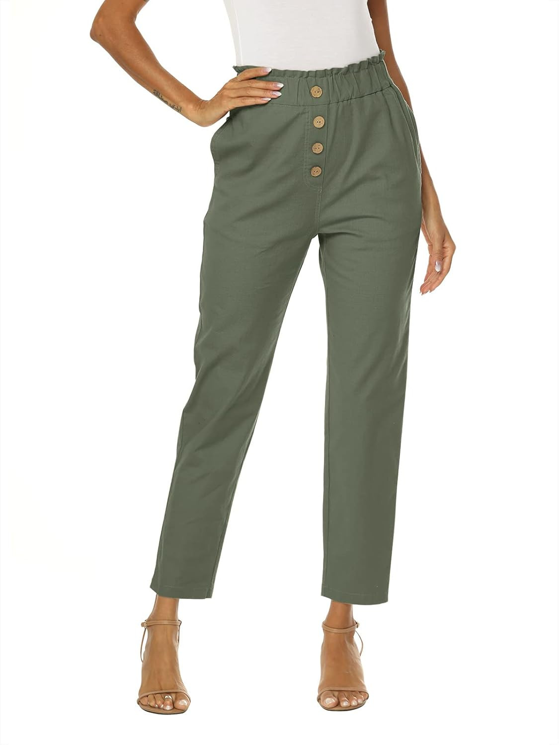 NIMIN Womens Casual Loose Pants Comfy Cropped Work Pants with Pockets Elastic High Waist Paper Ba... | Amazon (US)