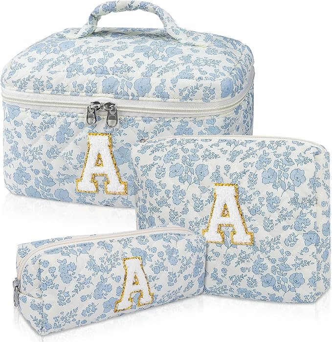 Initial Makeup Bag Set, Personalized Quilted Makeup Bag, Large Floral Cosmetic Bag for Women, Cut... | Amazon (US)