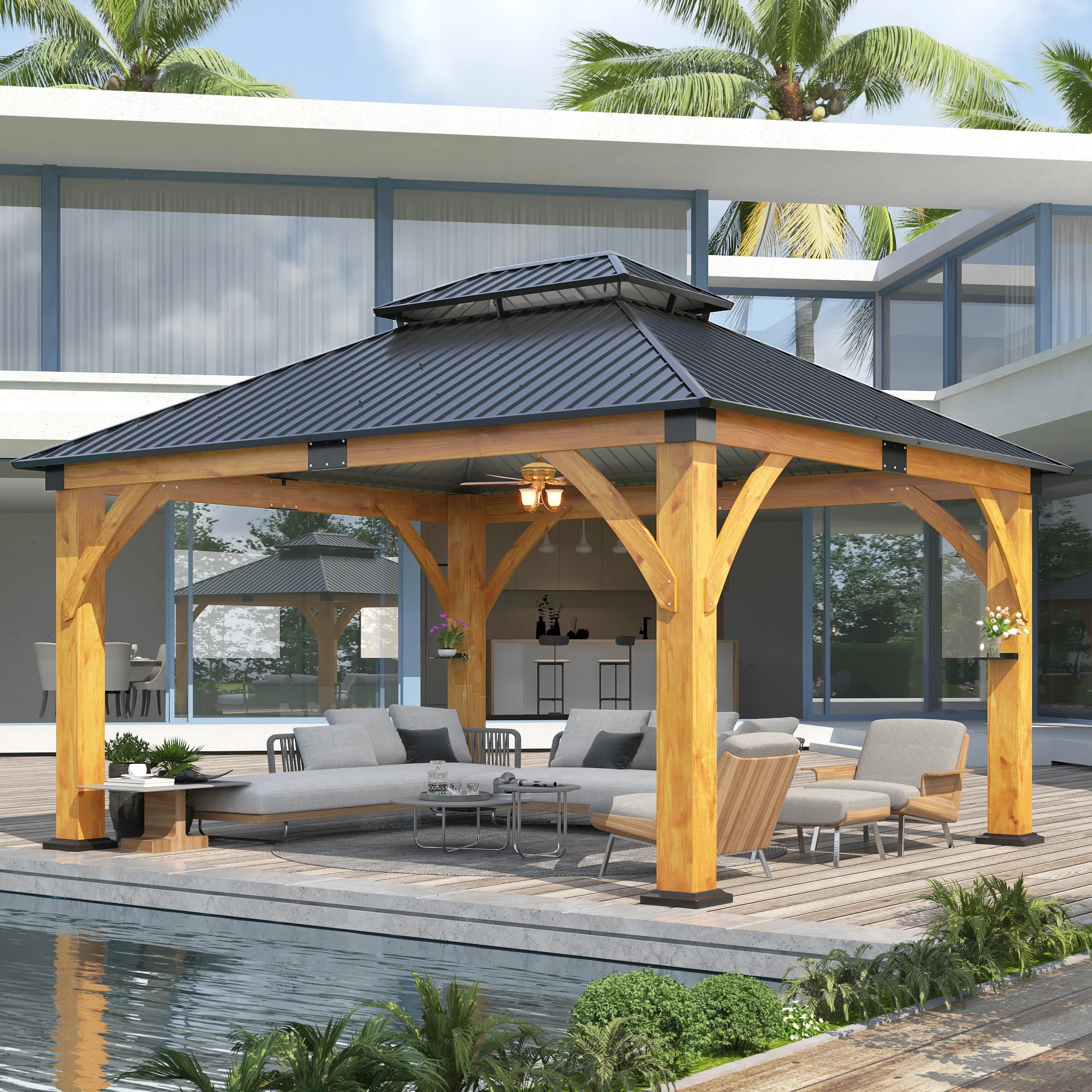 COVERONICS Outdoor Spruce Wood Gazebo with Galvanized Steel Hardtop, Permanent Wooden Frame Gazeb... | Wayfair North America